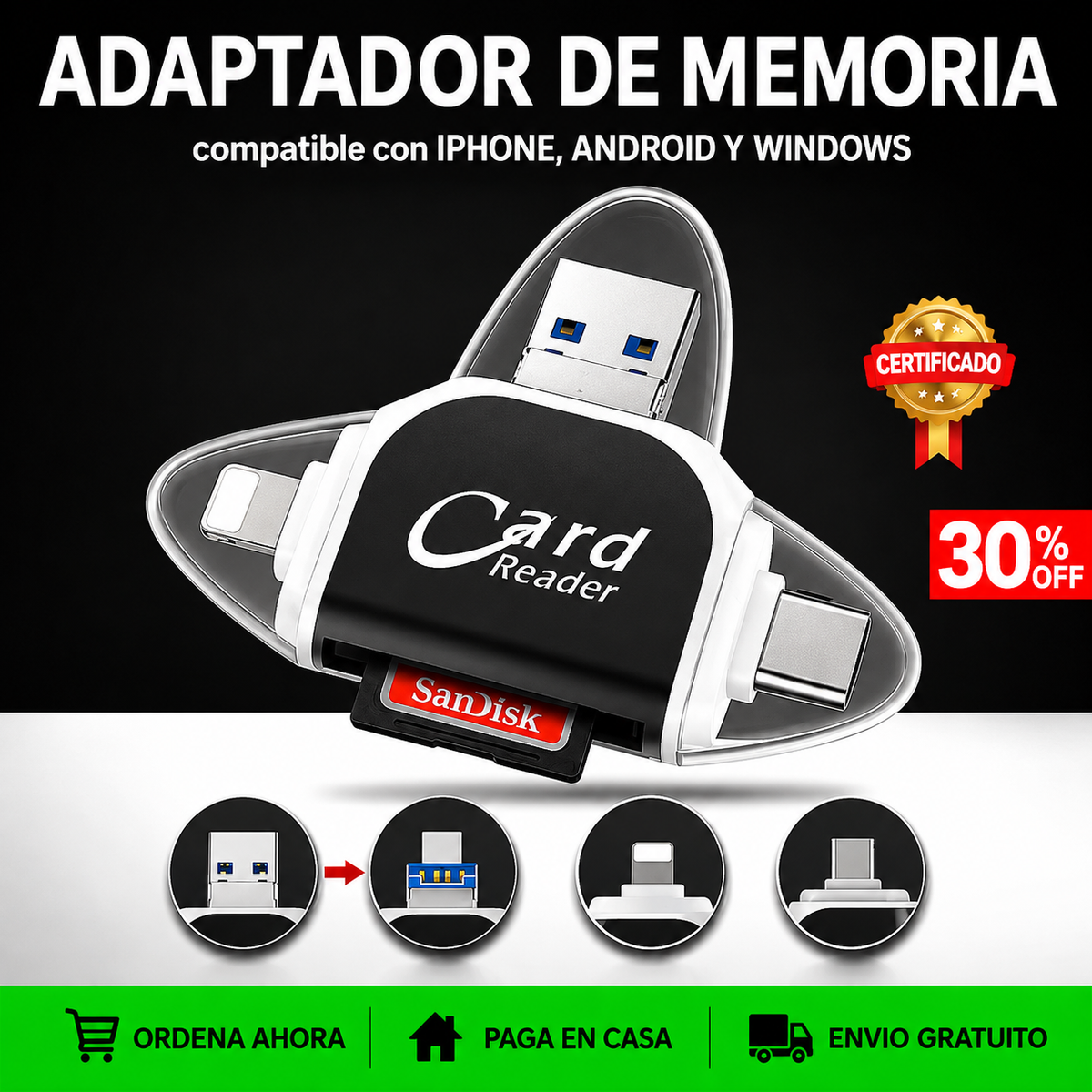 Adaptador de Memoria 4 en 1 | Transfiere Archivos en Segundos
