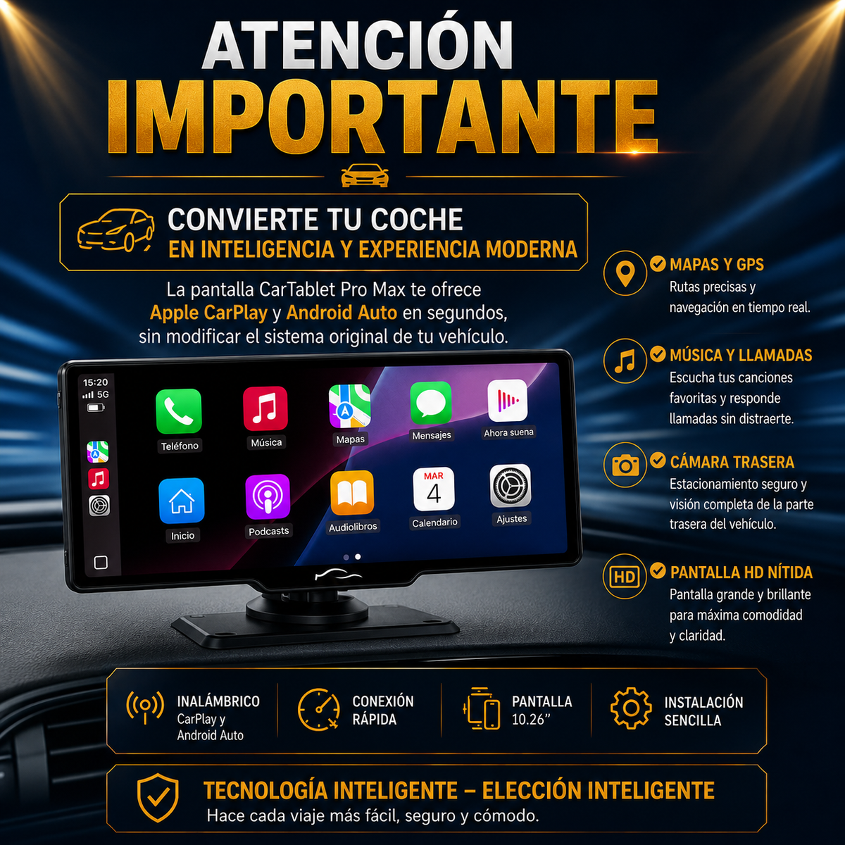 Pantalla Grande con Apple CarPlay y Cámara de Visión Trasera