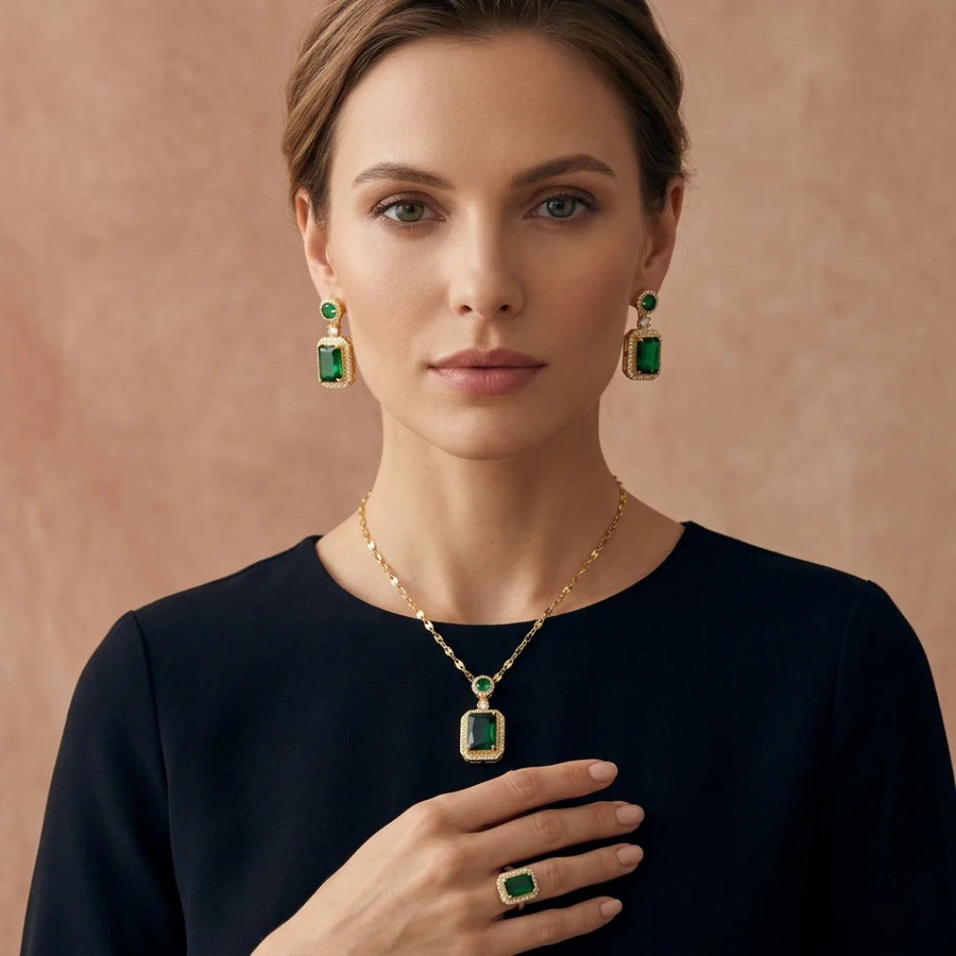 Collar Esmeralda — 🎁Pendientes & Anillo a conjunto